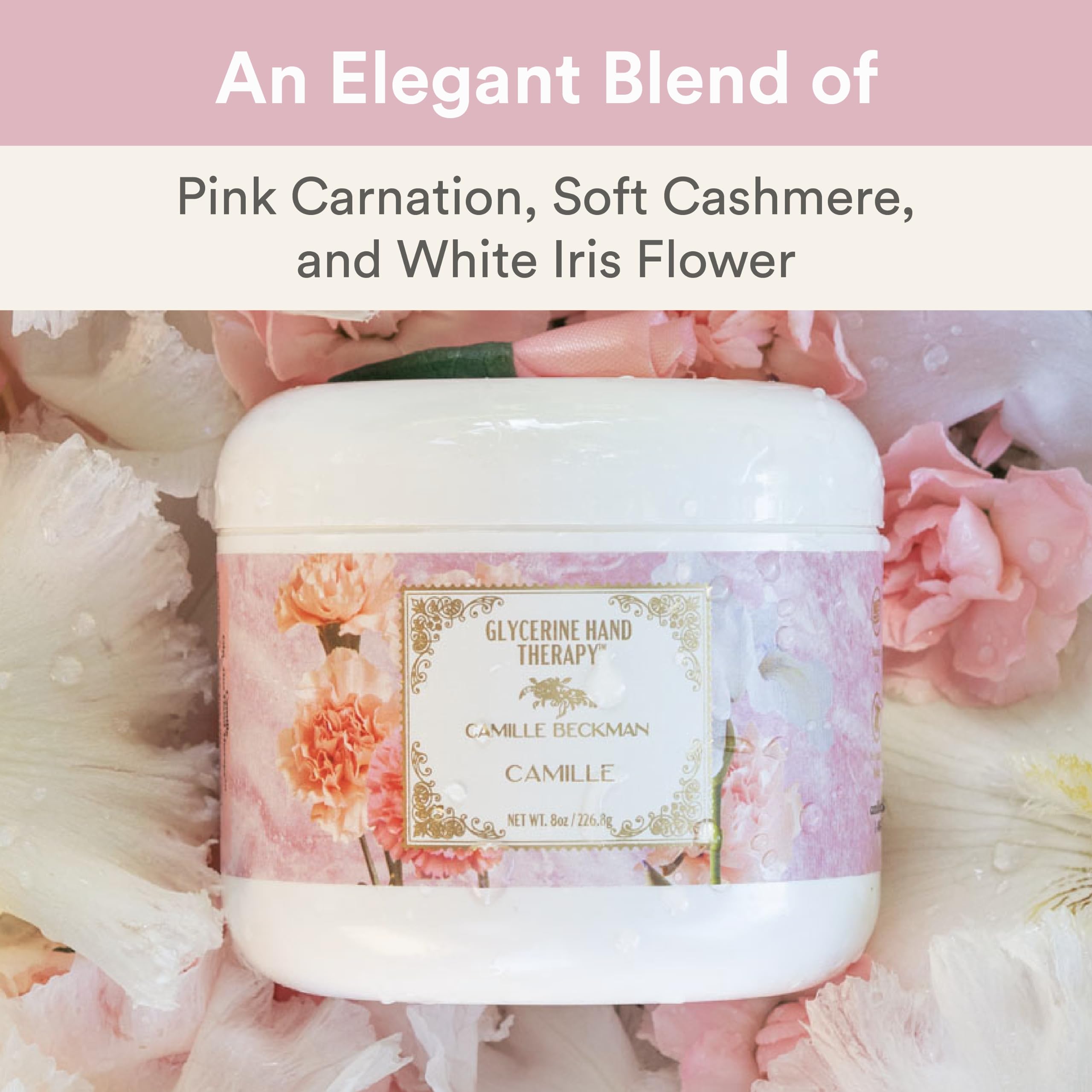 Signature Camille scent hand therapy cream with almond oil for dry skin.