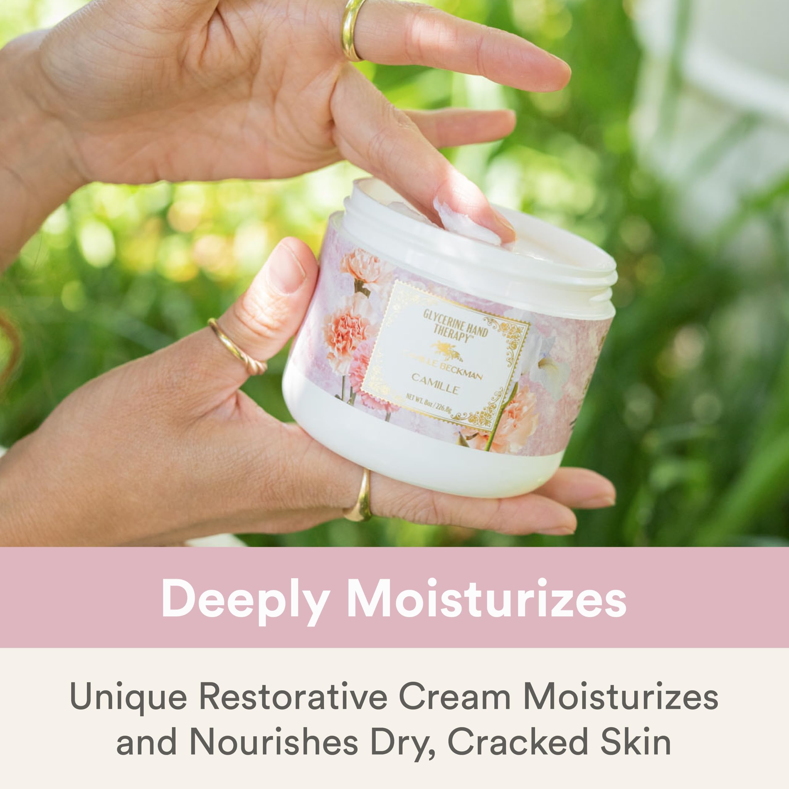Camille Beckman hand cream jar showing the classic flower lid design.