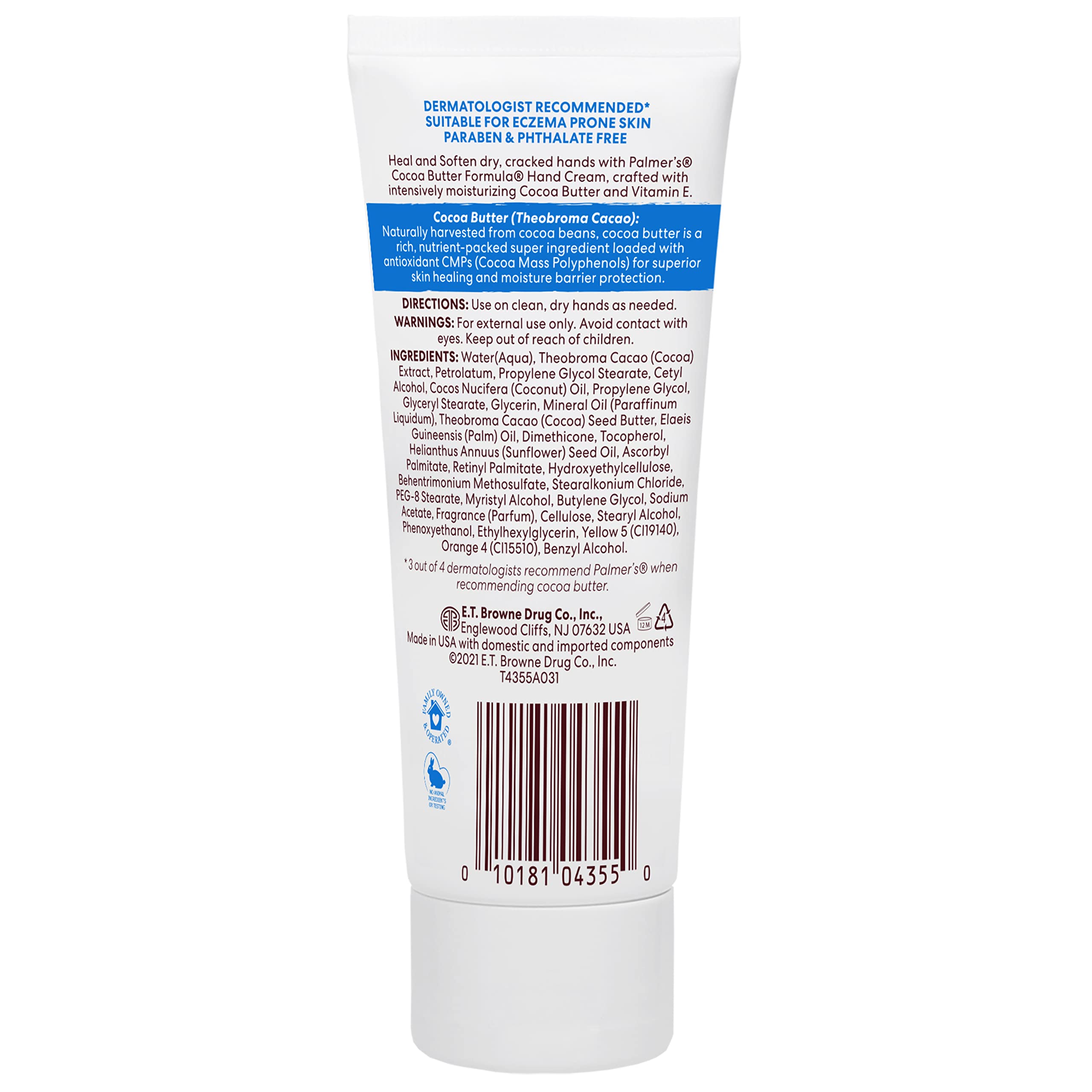 Back view of Palmer's Intensive Relief Hand Lotion showcasing product ingredients and directions