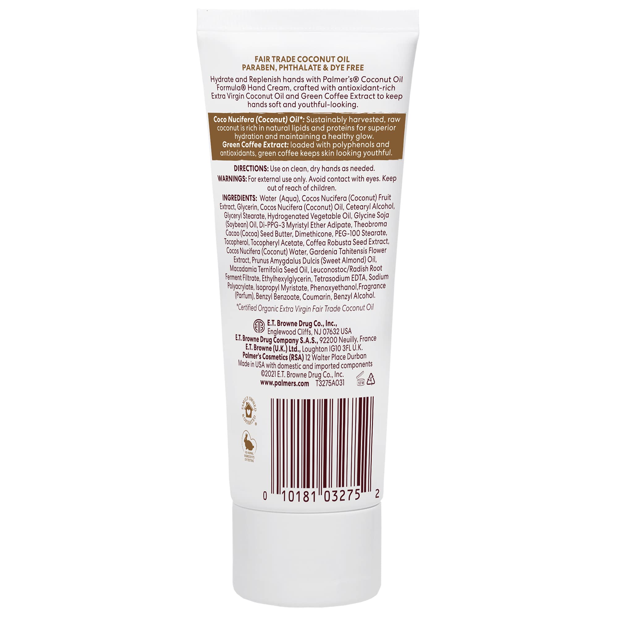 Back label of Palmer's Coconut Hydrate Hand Cream showing instructions and forty eight hour moisture claim