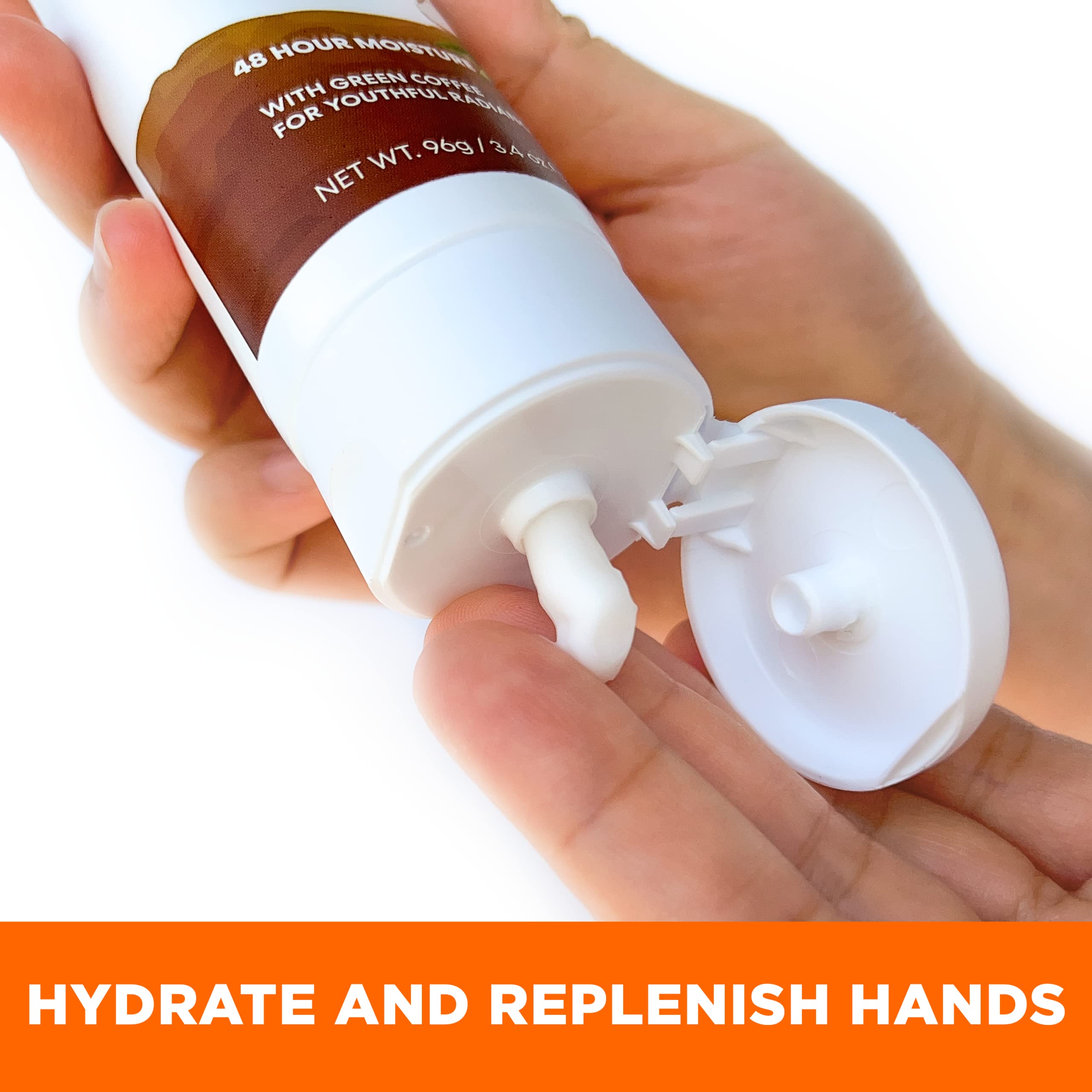 Close up view of the travel friendly flip top cap on the three point four ounce hand cream container