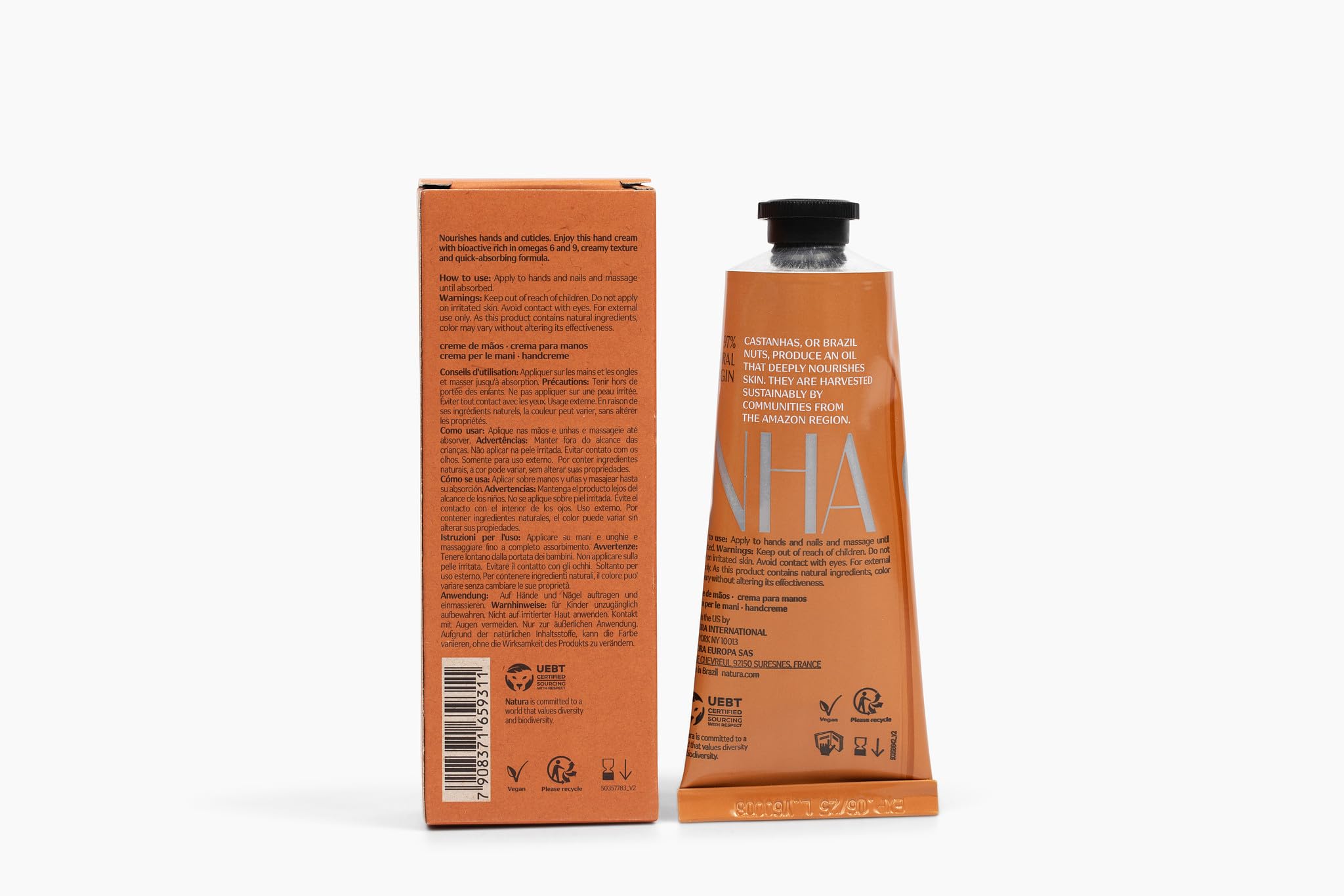 Natura Castanha anti dryness hand balm tube showing vegan product labeling