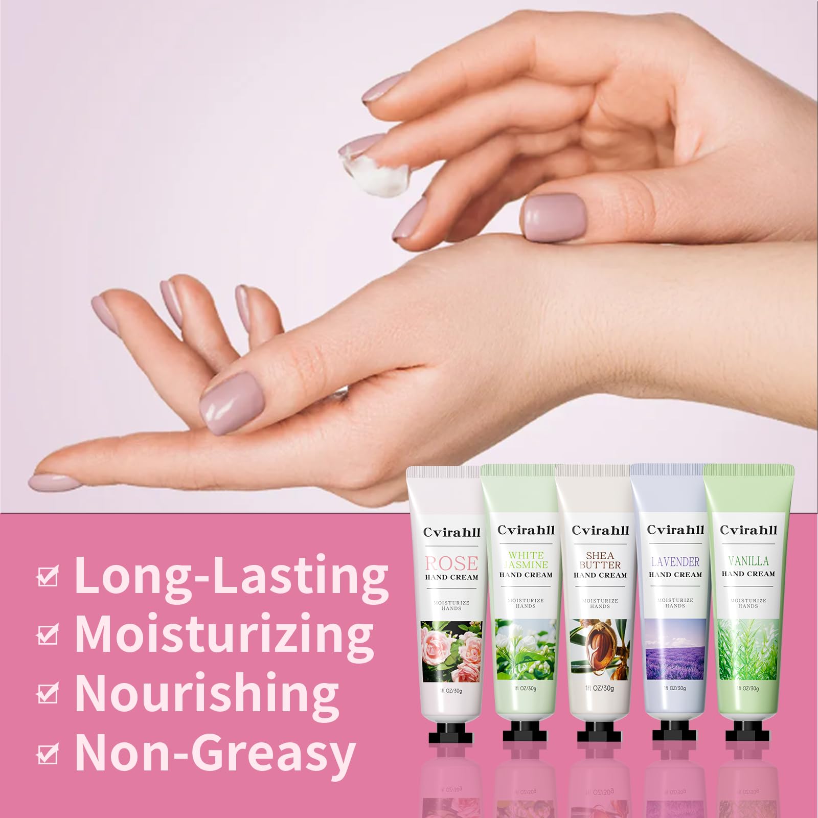 Cvirahll moisturizing hand lotions displayed to highlight the five natural botanical fragrances.