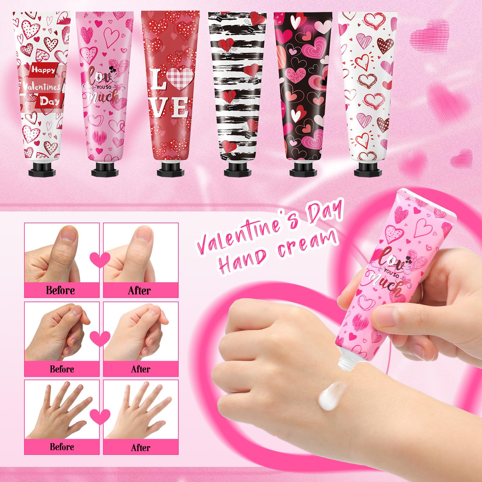 Siifert love heart themed hydrating lotion tubes arranged sequentially to show distinct designs