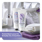 Spa Luxetique travel size hand lotion applied on dry hands for demonstration
