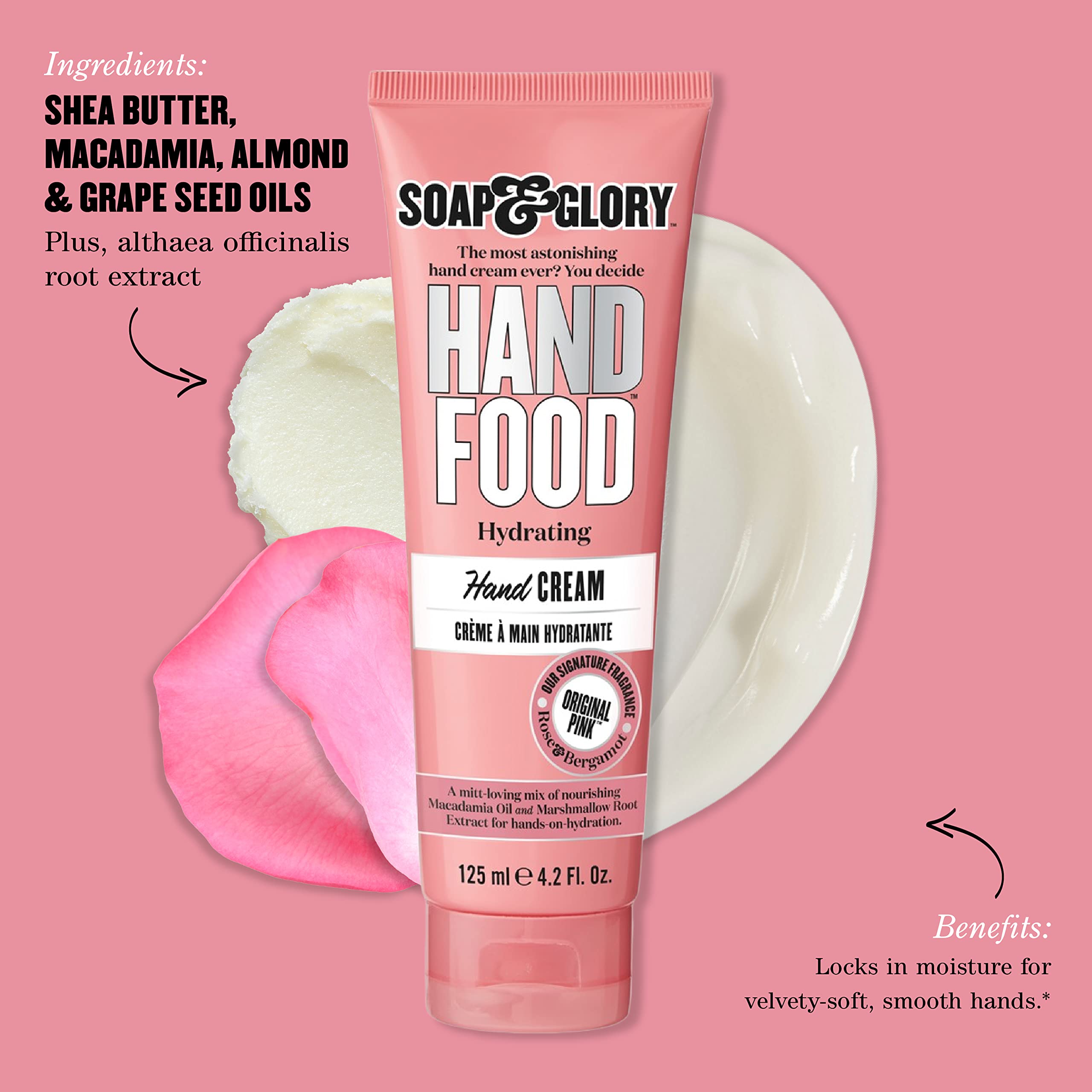 Soap And Glory hydrating cuticle and hand cream 125 milliliter packaging close up