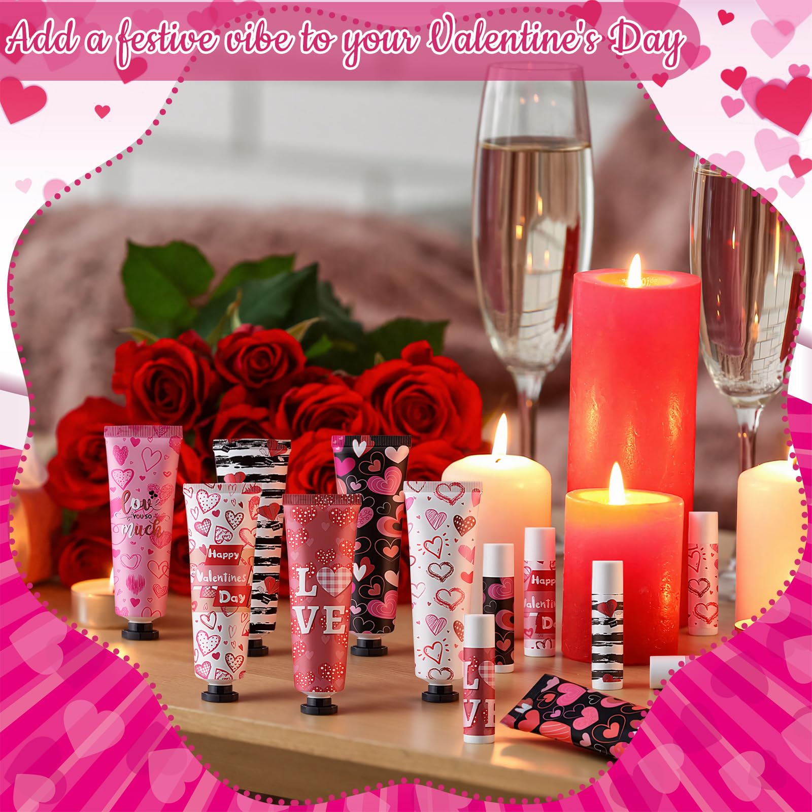 Loopeer bulk valentine gifting lotion and lip care set close up view