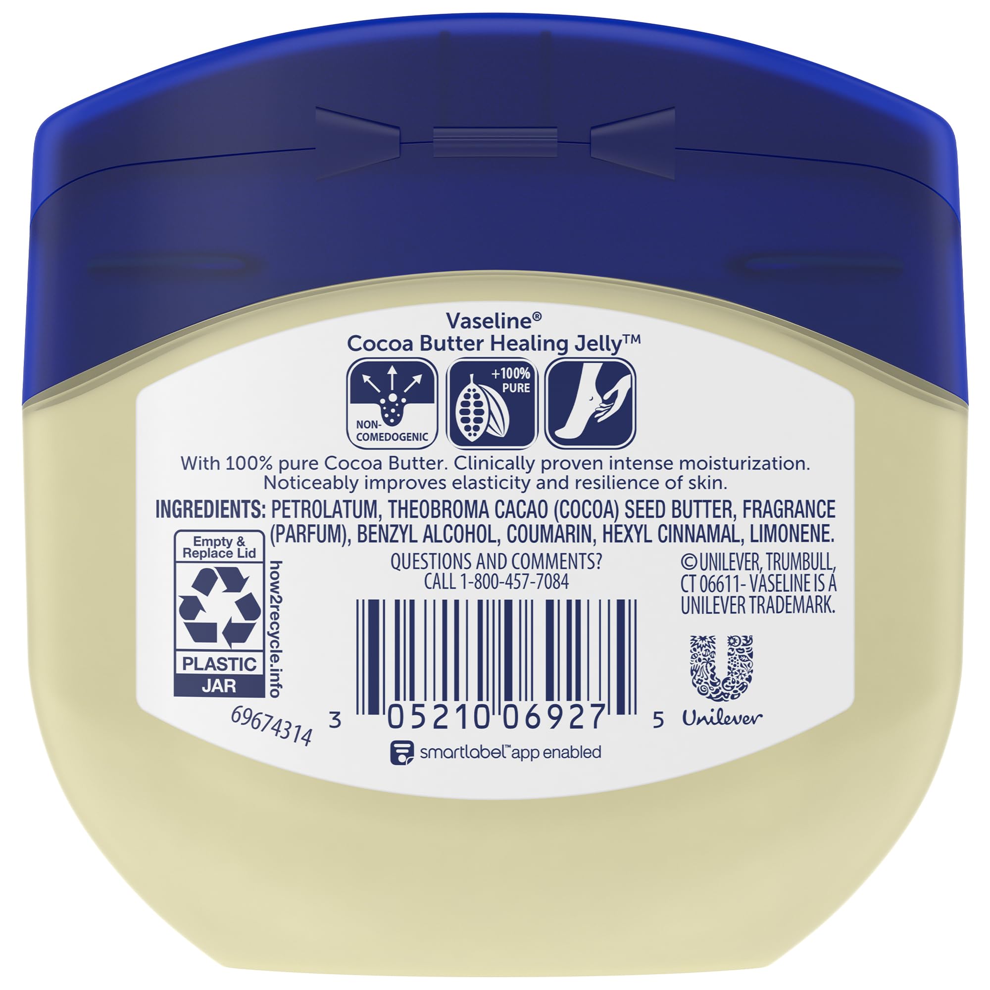 Vaseline Cocoa Butter Healing Jelly seven point five ounce container showing moisturizing formula