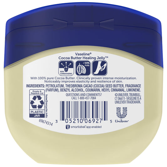 Vaseline Cocoa Butter Healing Jelly seven point five ounce container showing moisturizing formula