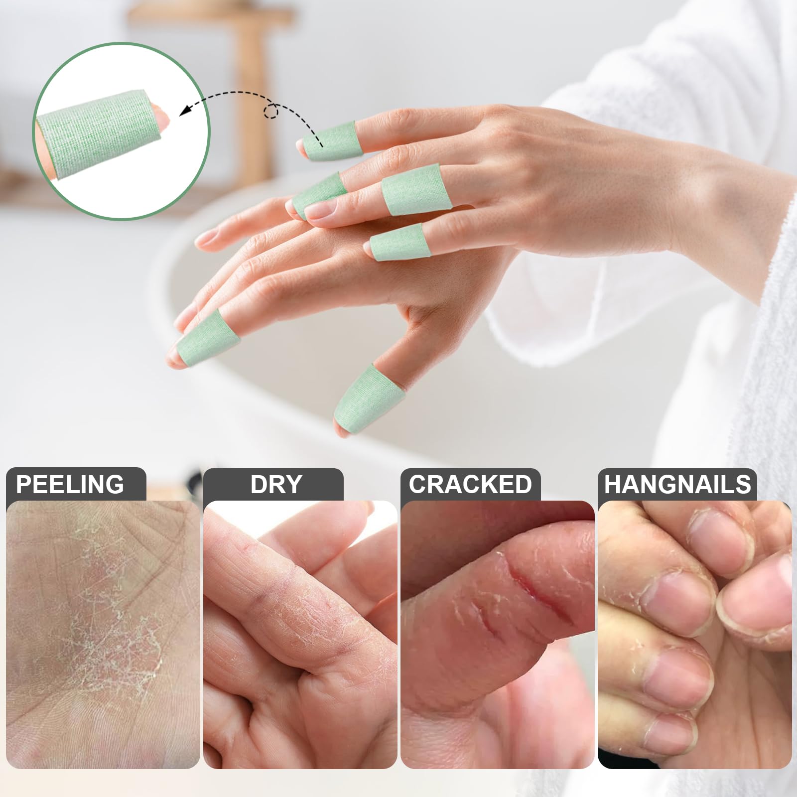 TEAWOO hand repair adhesive bandages showing finger application for dry skin splits