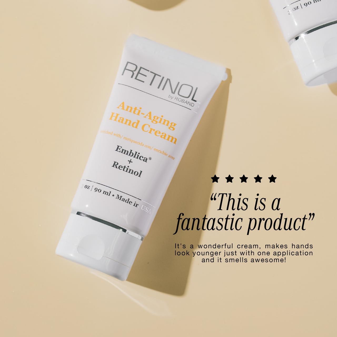 Robanda Retinol Hand Cream text close up showcasing anti wrinkle formula benefits