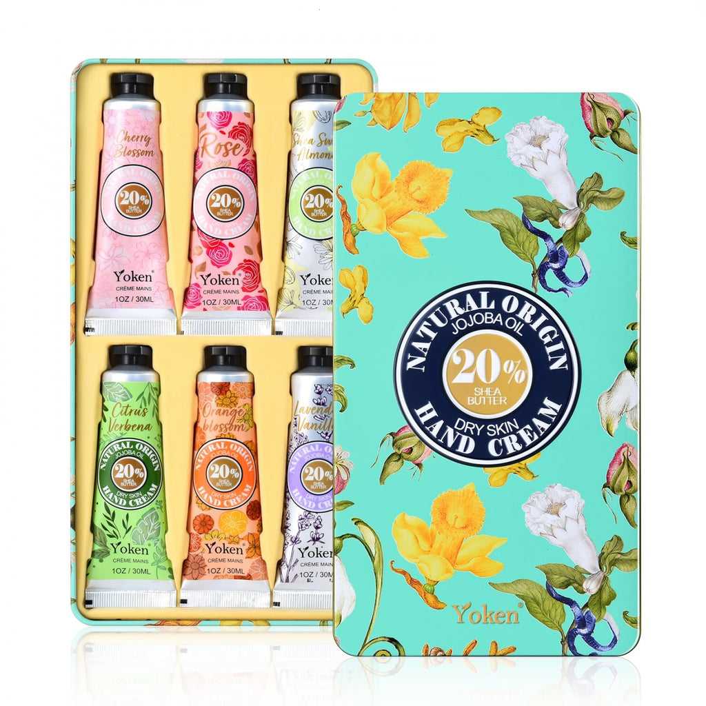 Complete six piece hand cream collection displayed with exterior packaging