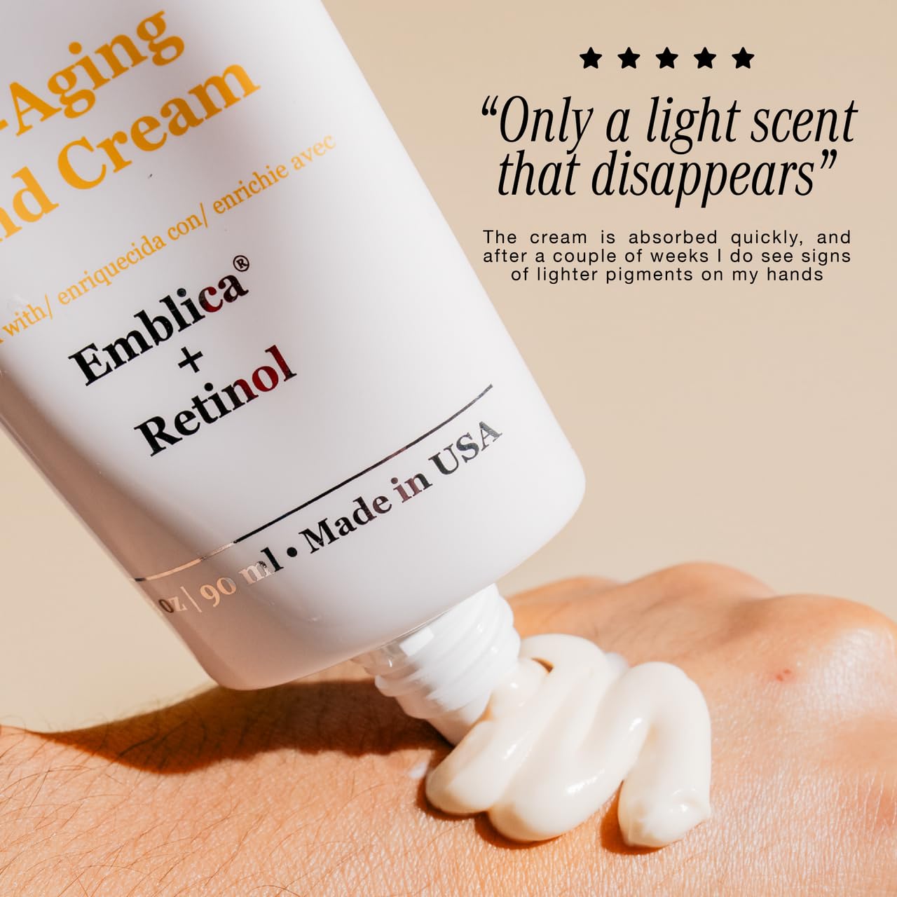 Robanda Retinol Moisturizing Hand Lotion white squeeze tube highlighting three ounce size