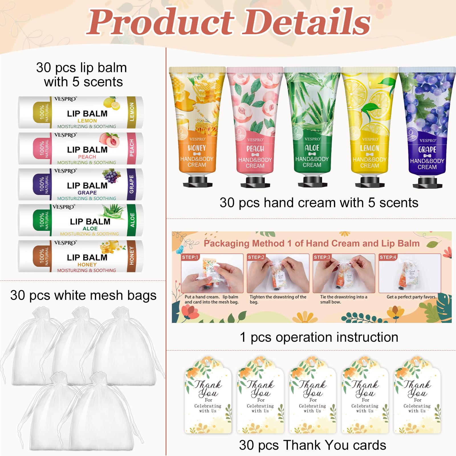 Assorted flavors of VESPRO plant based hand lotions and natural lip balms showing the vibrant packaging options.