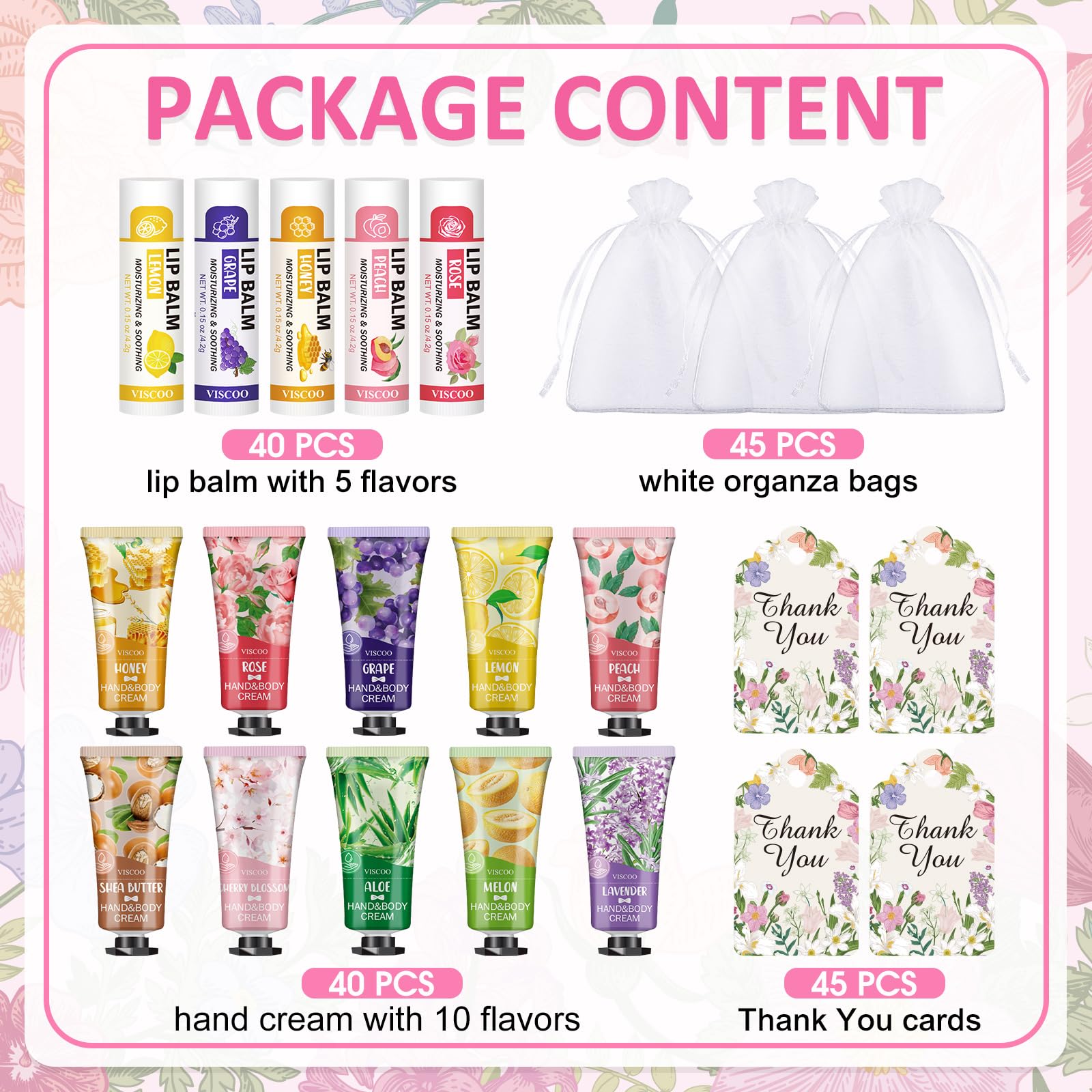 VISCOO appreciation gift set displaying packaged organza bags and thank you cards