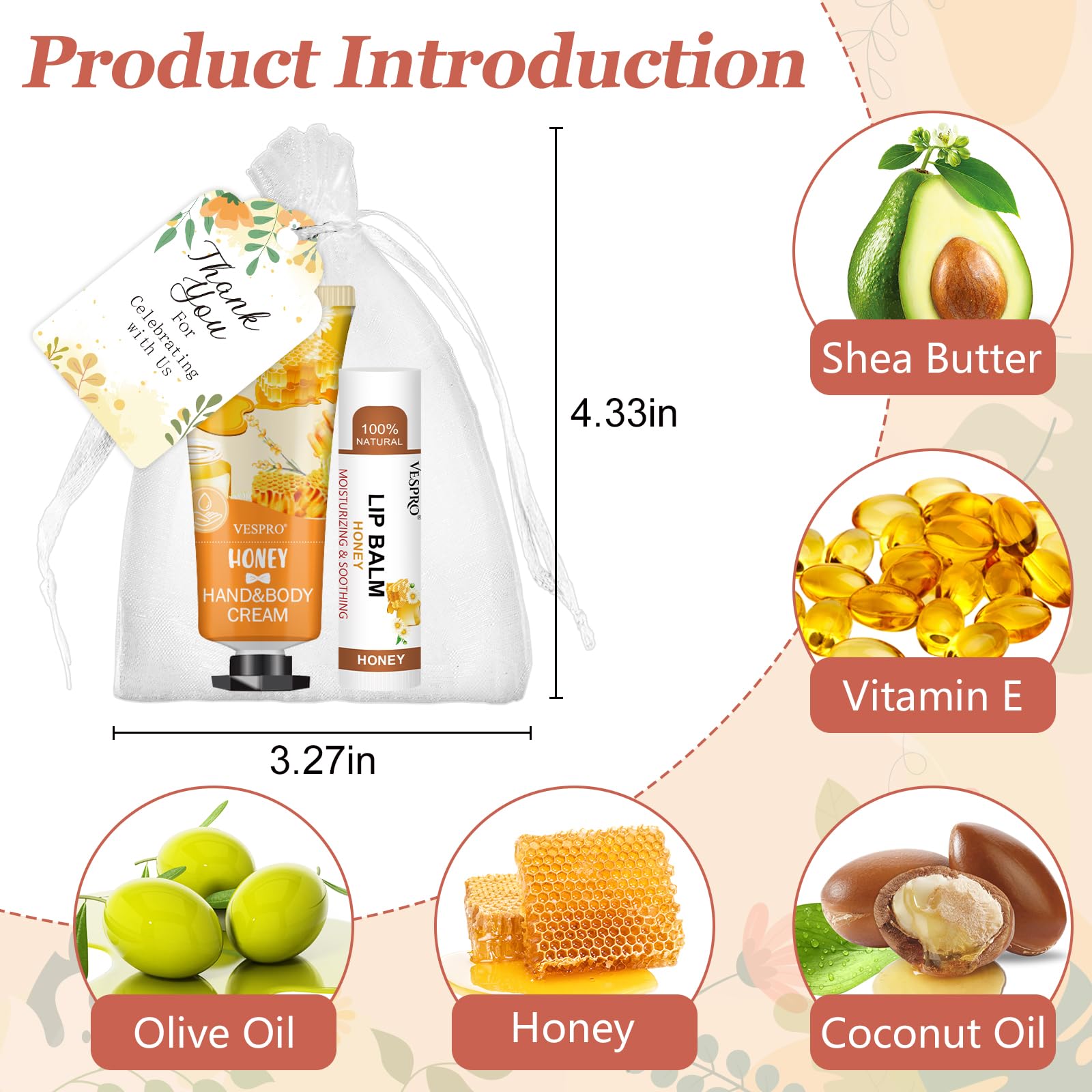 Close up of the natural ingredient themed packaging for lemon peach aloe and honey scented personal care favors.