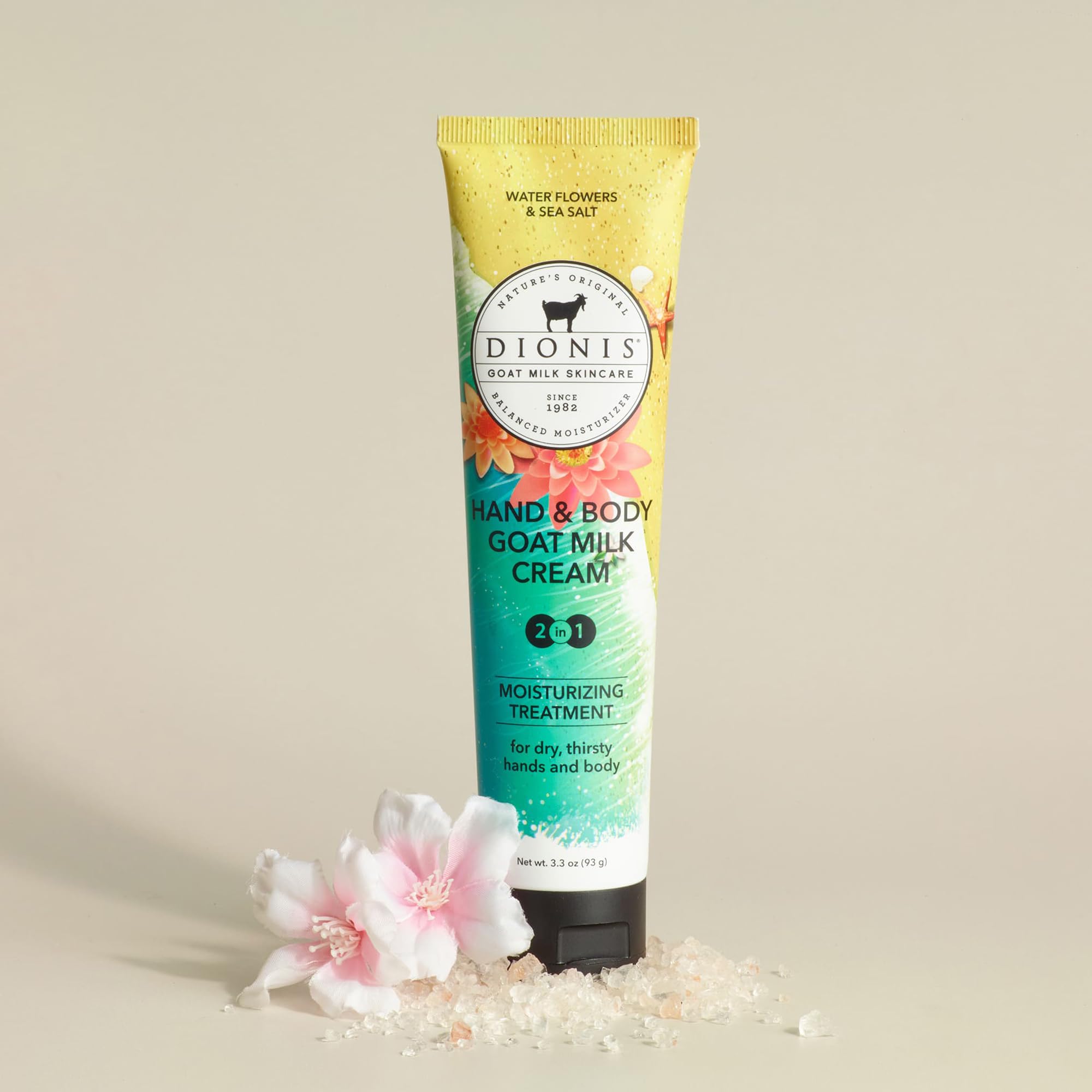 Back view of Dionis Goat Milk Skincare lotion tube with listed ingredients and directions