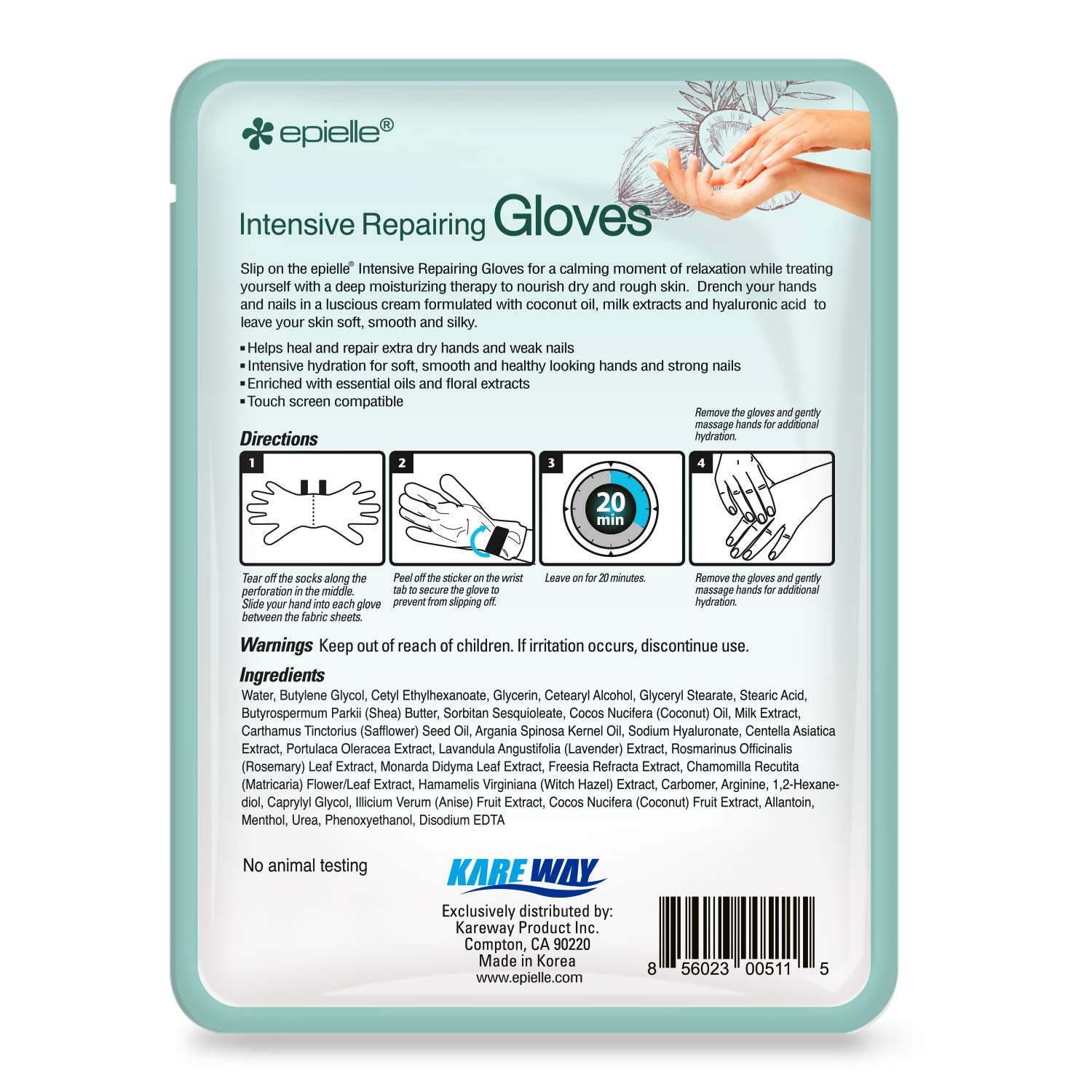 Detailed product label for Epielle intensive repair hand mask