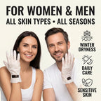 Model demonstrating how to apply overnight collagen hand gloves