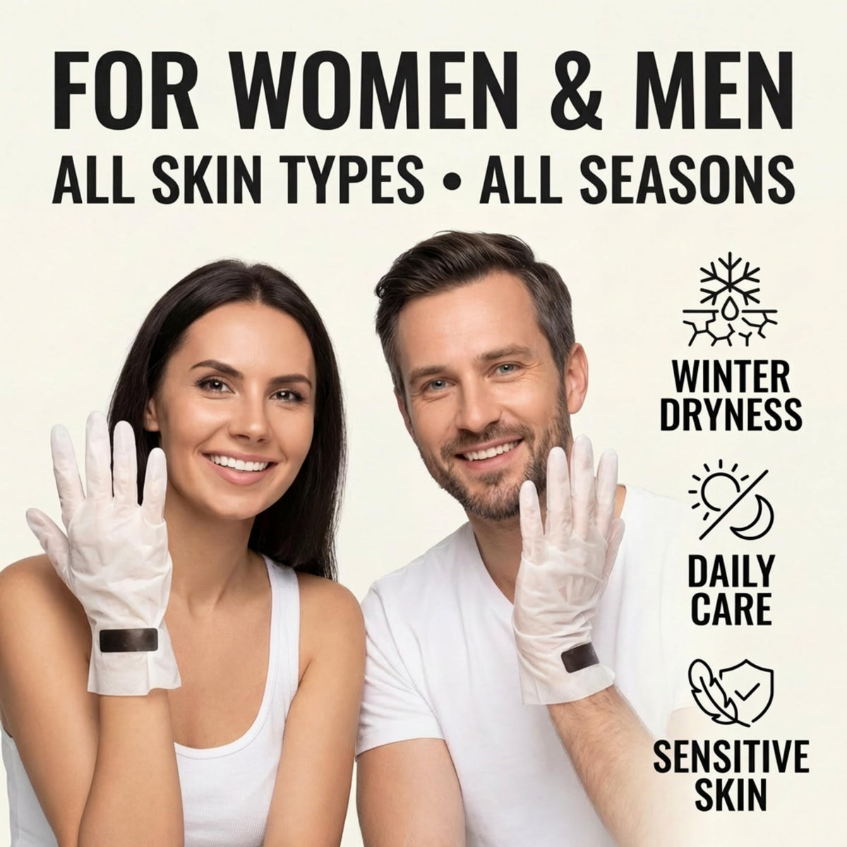 Model demonstrating how to apply overnight collagen hand gloves