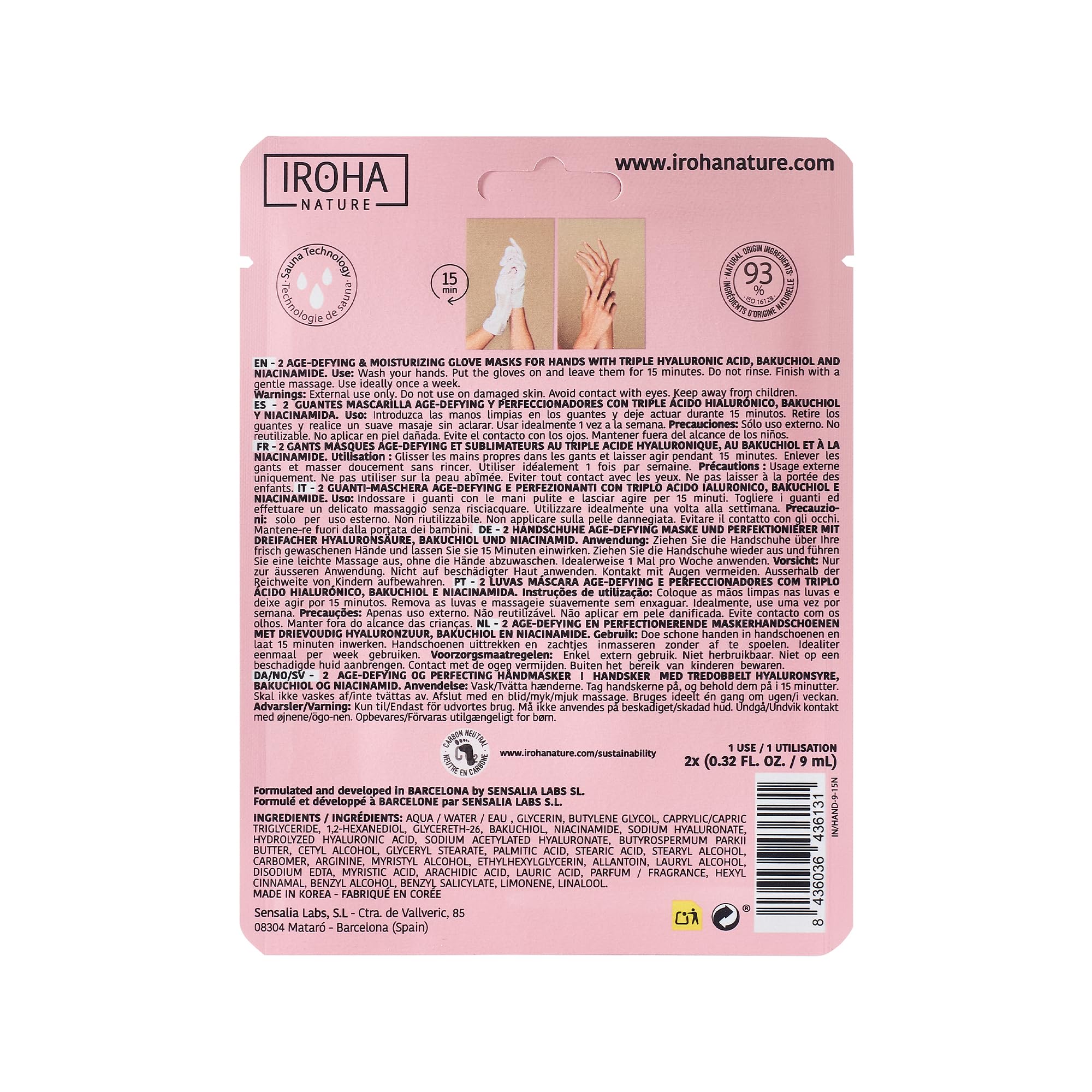 Iroha Nature hand mask showing triple hyaluronic acid and bakuchiol text