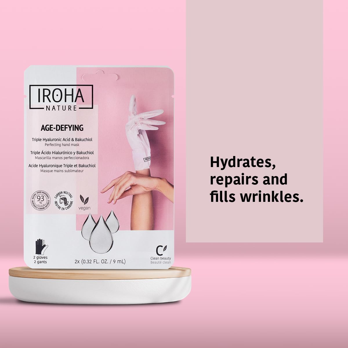 Model wearing Iroha Nature anti aging hand mask gloves