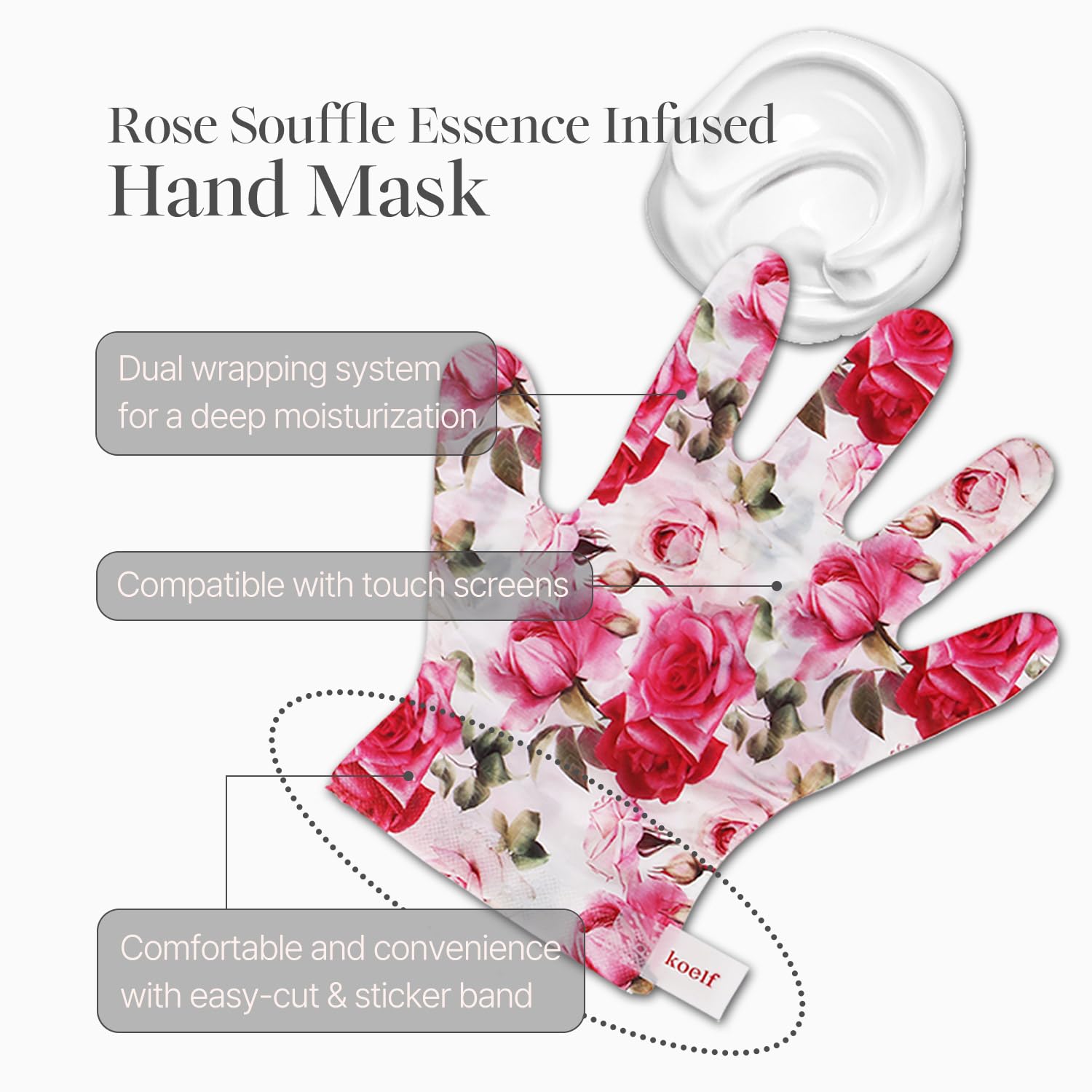 Detailed view of single pair Koelf hand mask sachet