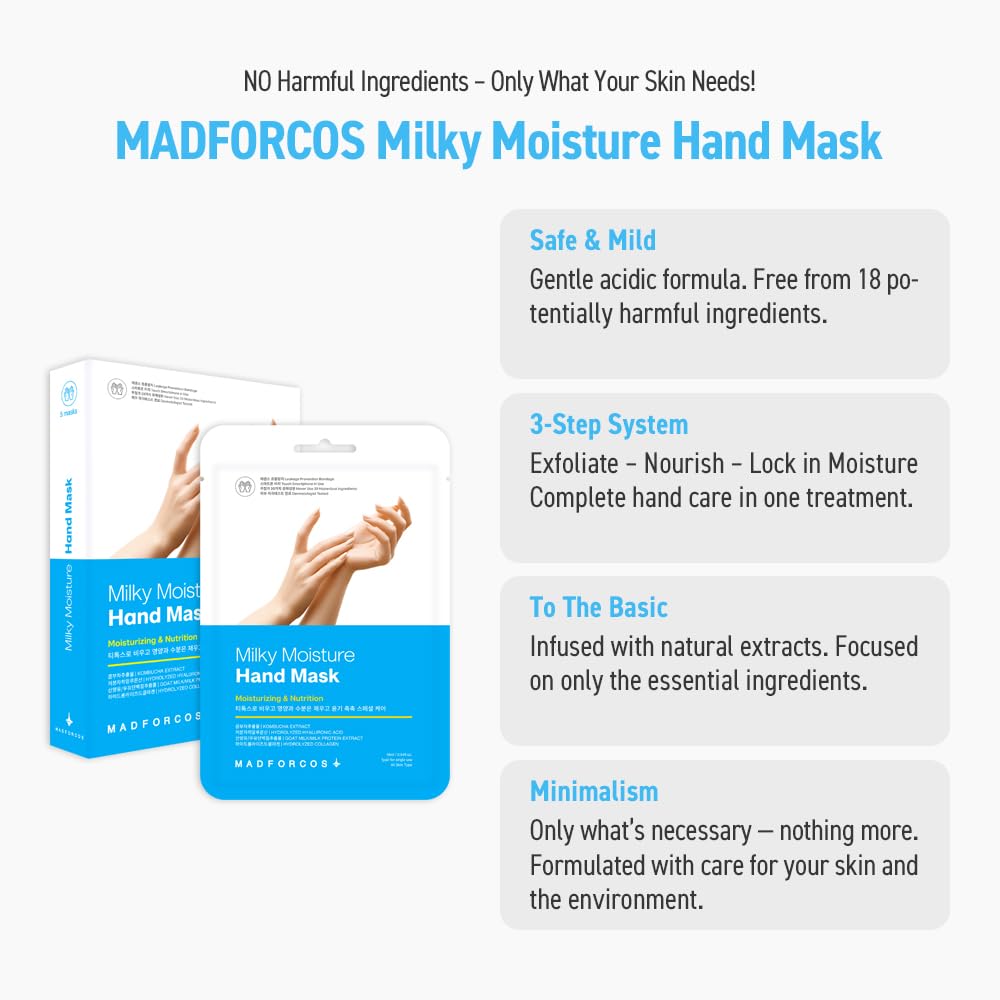 Back of Madforcos hand mask packaging showing ingredients and instructions
