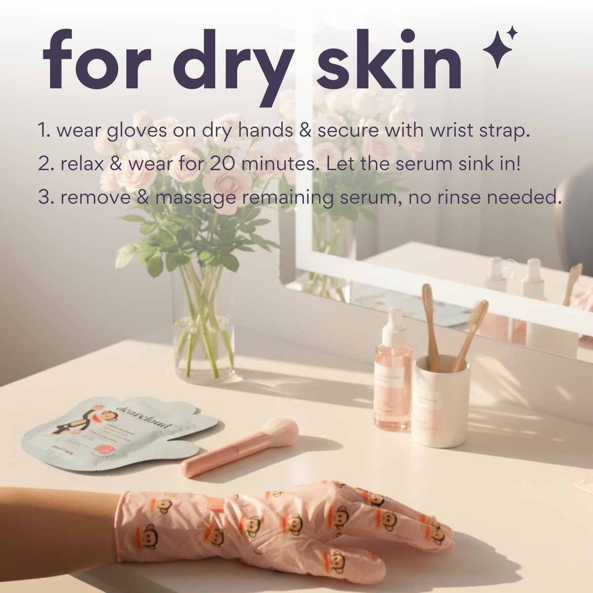 Model hands wearing the strawberry peach scented hand treatment gloves