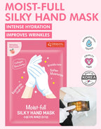 Dermal hand mask packaging back view highlighting ingredients and directions