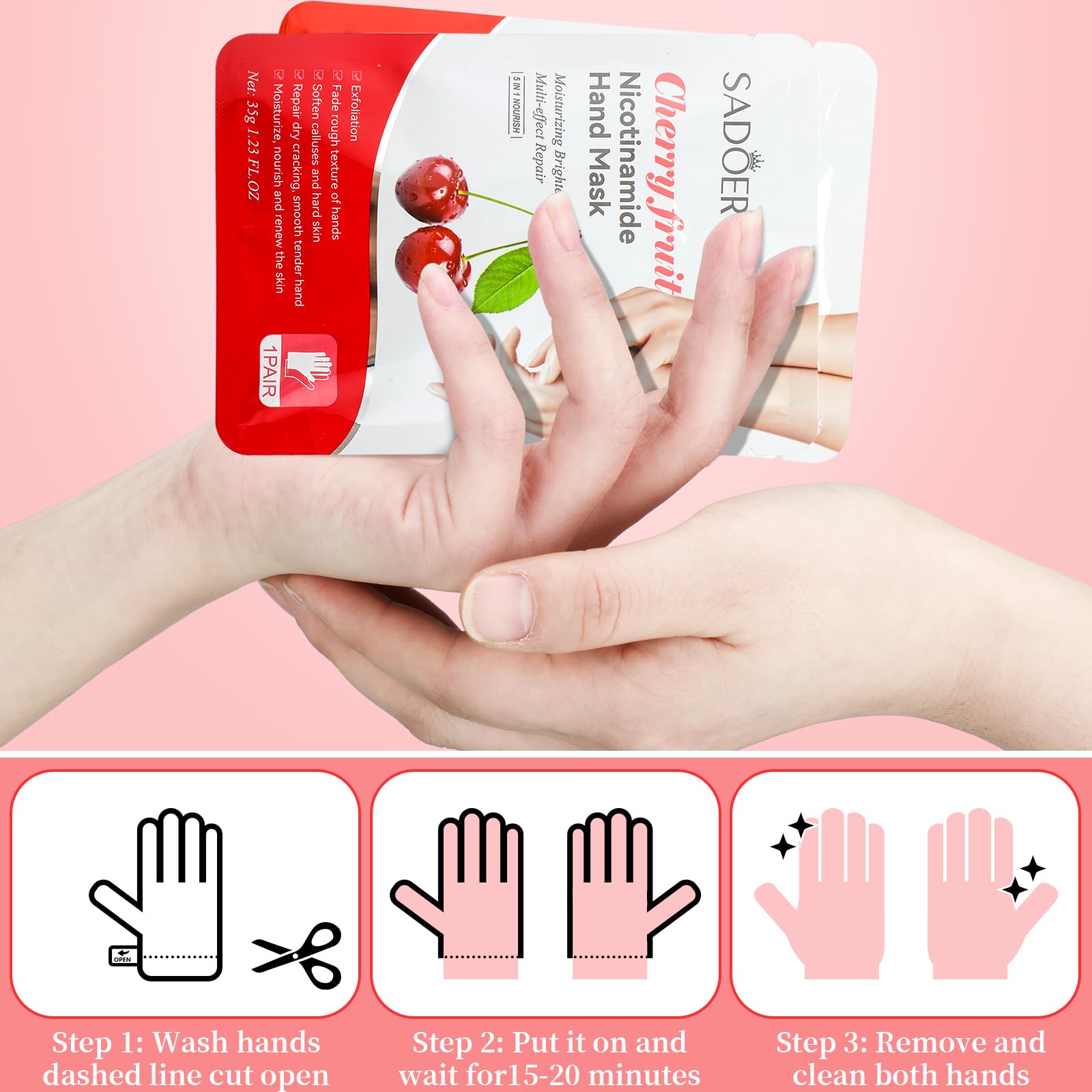 Variety of fruit themed hand mask sachets in bulk set