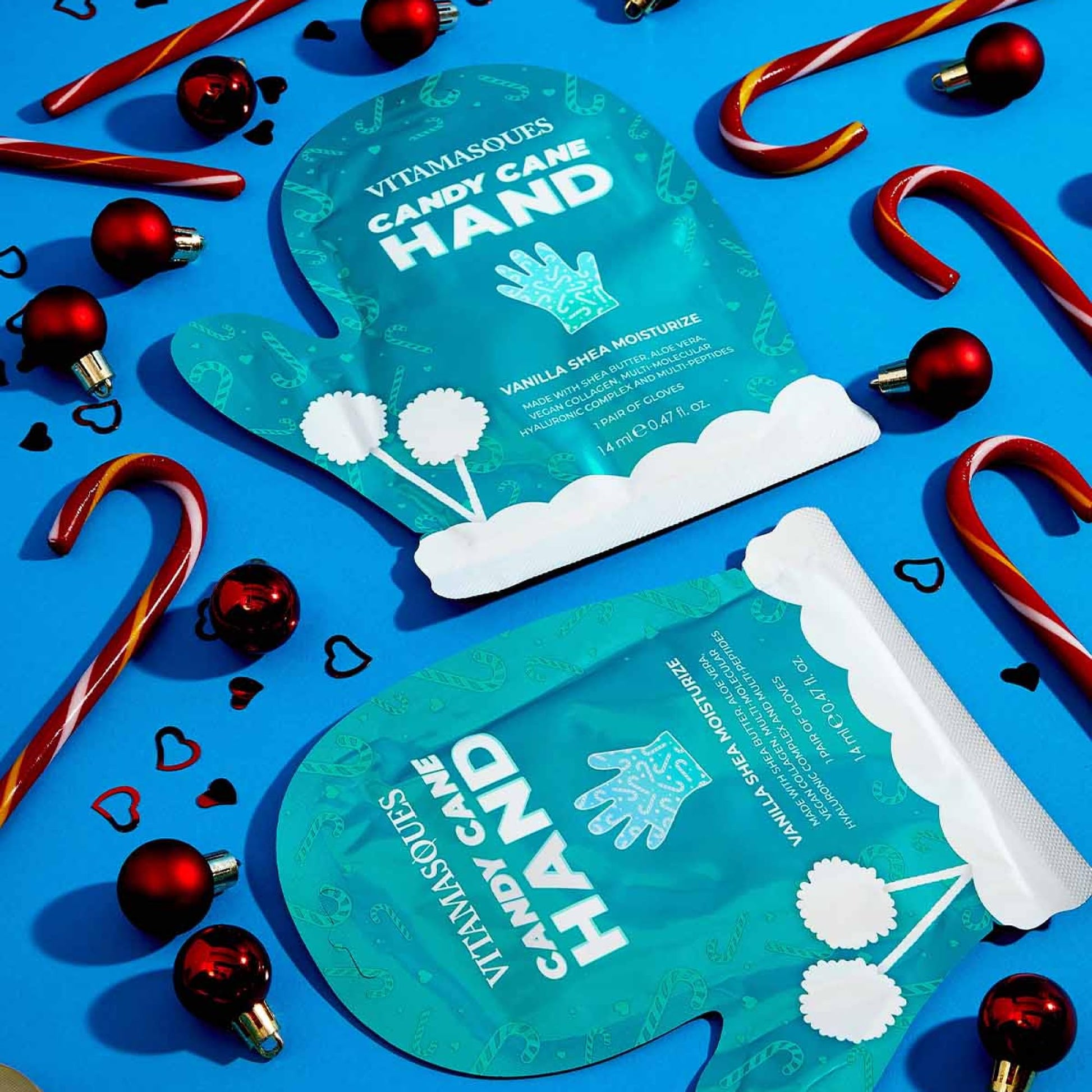 Vitamasques hand mask set showing shea butter and aloe vera ingredients