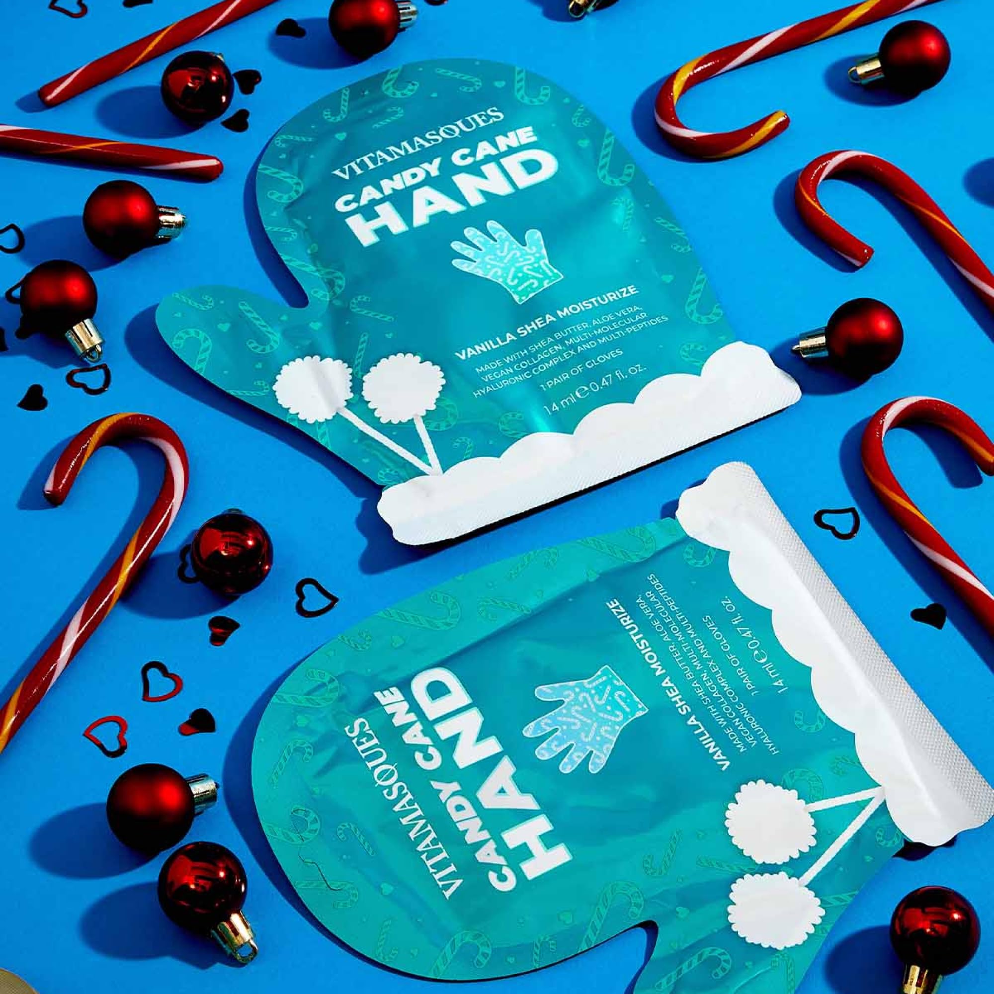 Vitamasques hand mask set showing shea butter and aloe vera ingredients
