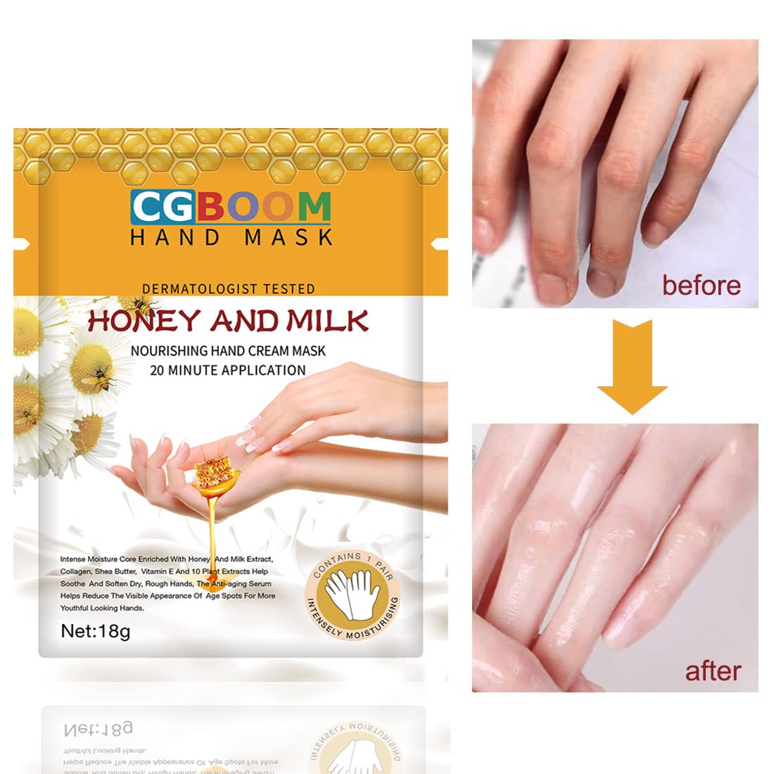 Person wearing CGBOOM honey and milk moisturizing hand gloves