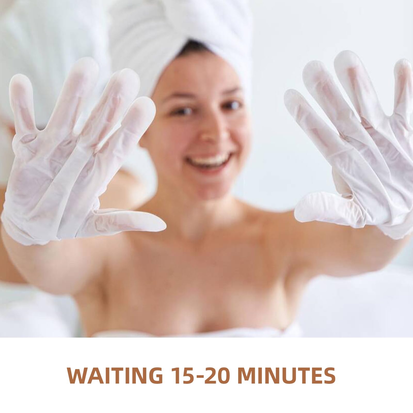 Model demonstrating the spa-like hydrating hand mask usage