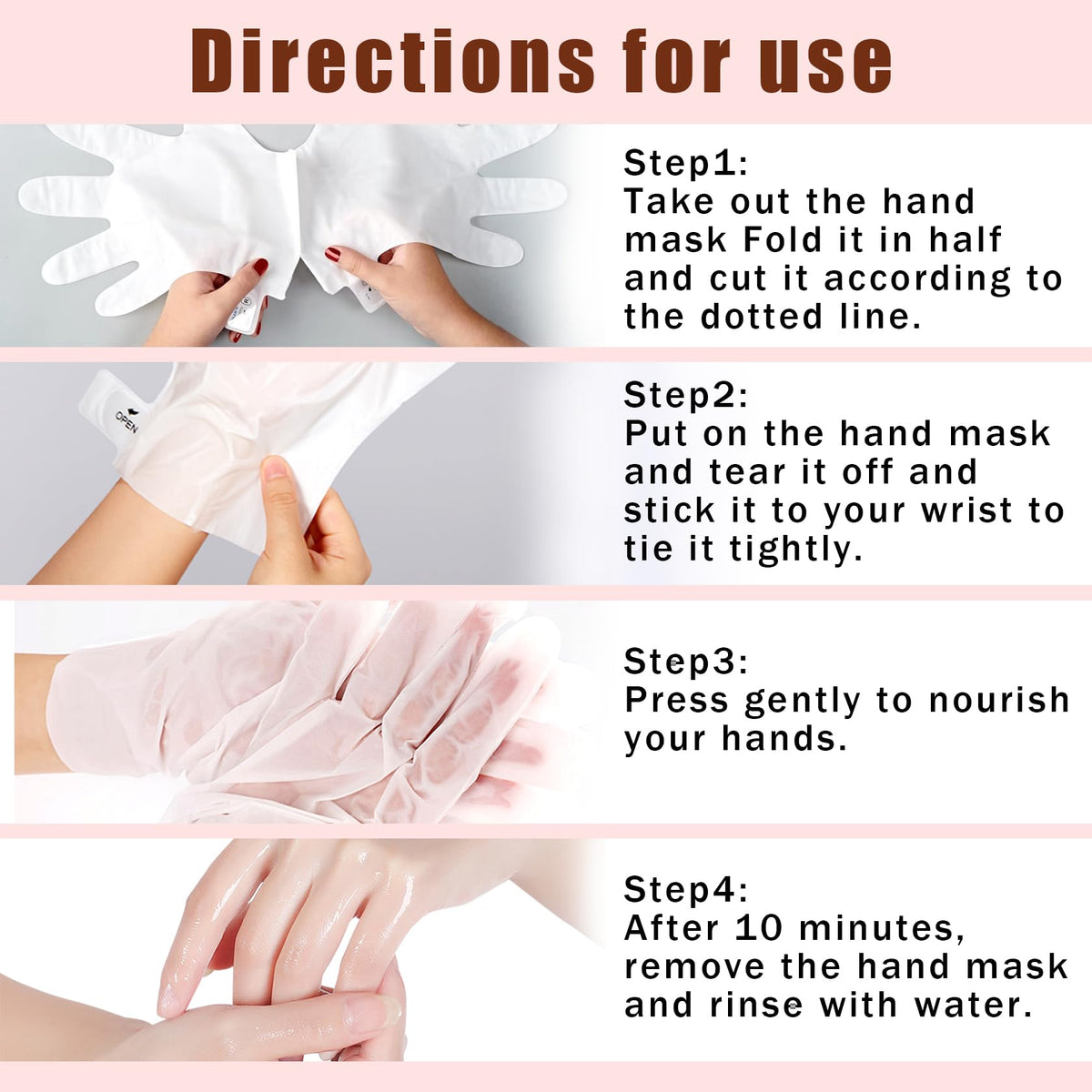 Instructions for using Permotary hand mask spa treatment gloves.