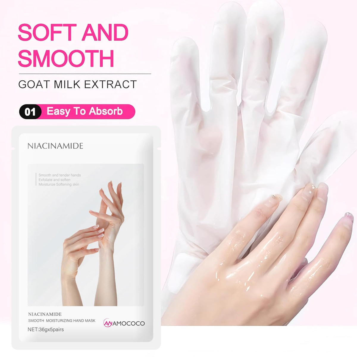 Amococo hand mask set displaying texture and essence richness