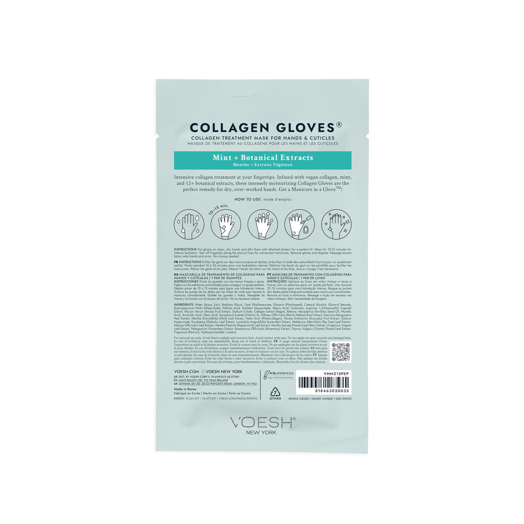 Close up of Voesh vegan collagen glove packaging with peppermint and argan oil benefits.