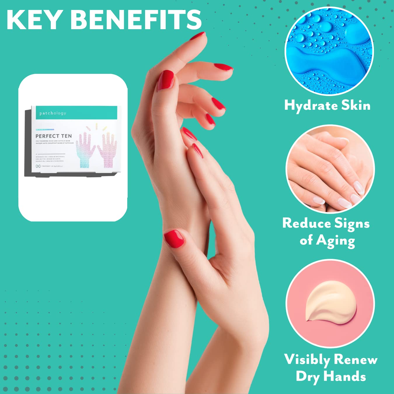 Top view of Patchology Perfect Ten hand mask packaging design