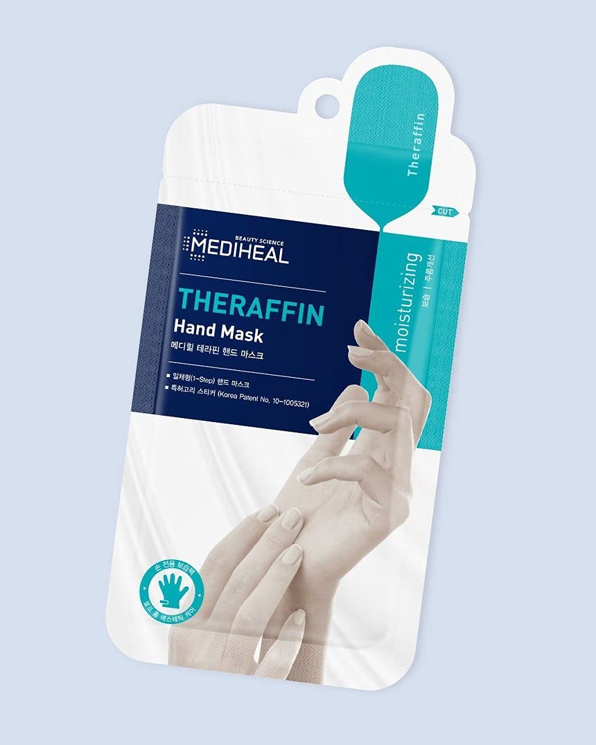 Model using smartphone while wearing Mediheal Theraffin hand gloves