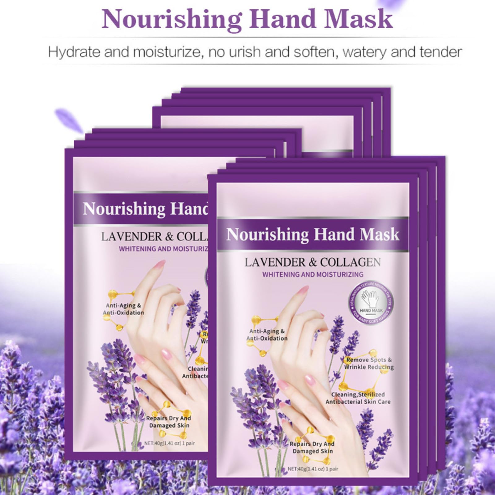 Five pairs of Joyeee moisturizing hand masks in purple packaging