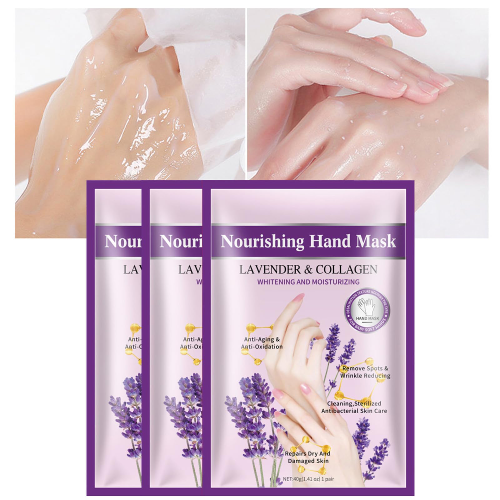 Close up of lavender and collagen hand mask glove ingredients