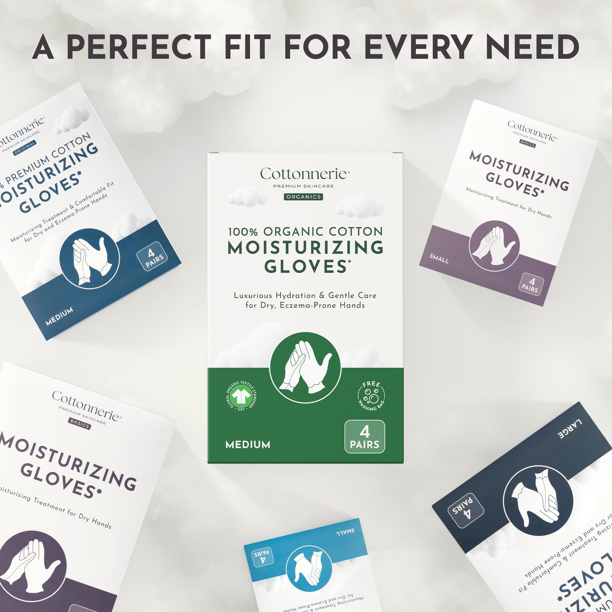 Four pairs of Cottonnerie Basics skincare gloves