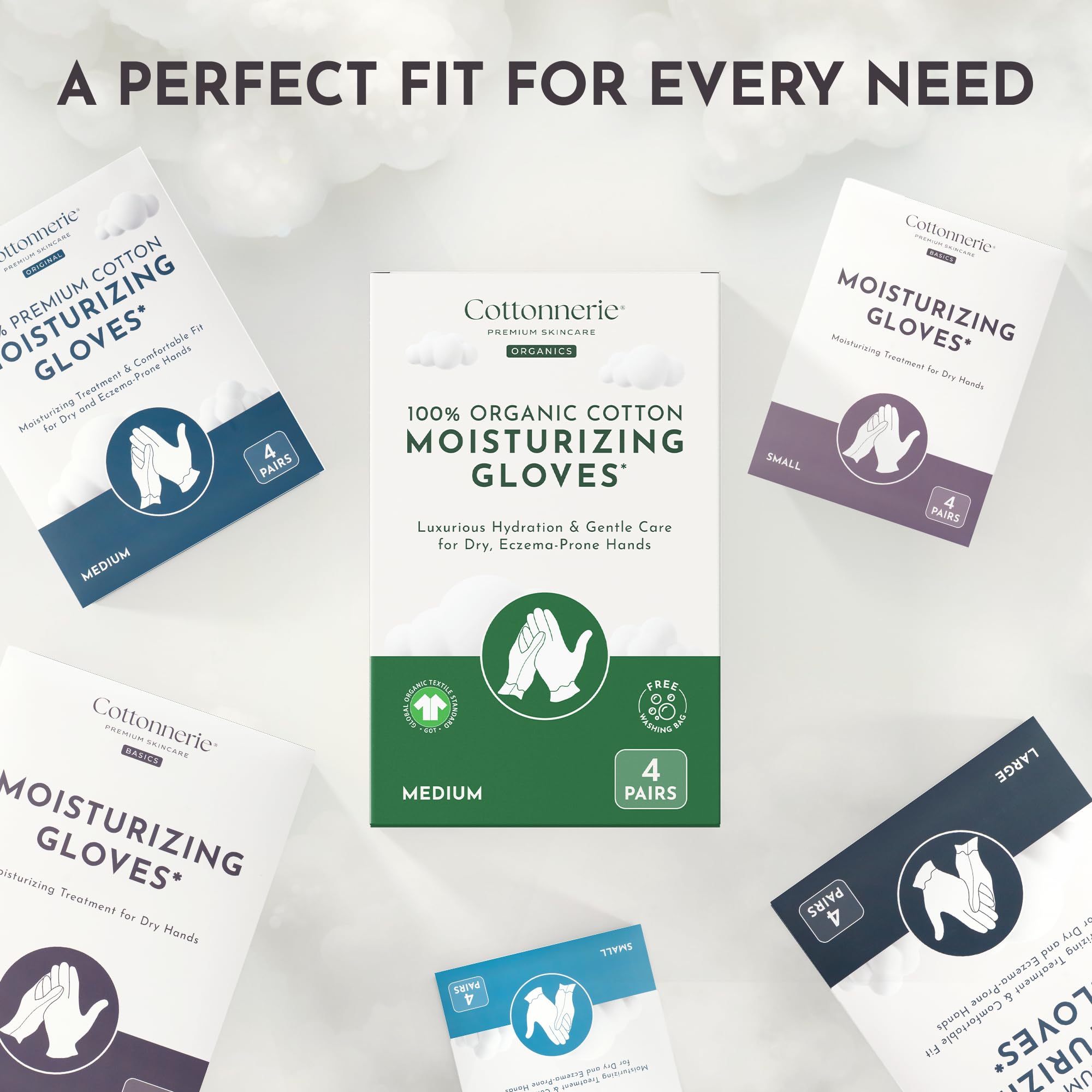 Four pairs of Cottonnerie Basics skincare gloves