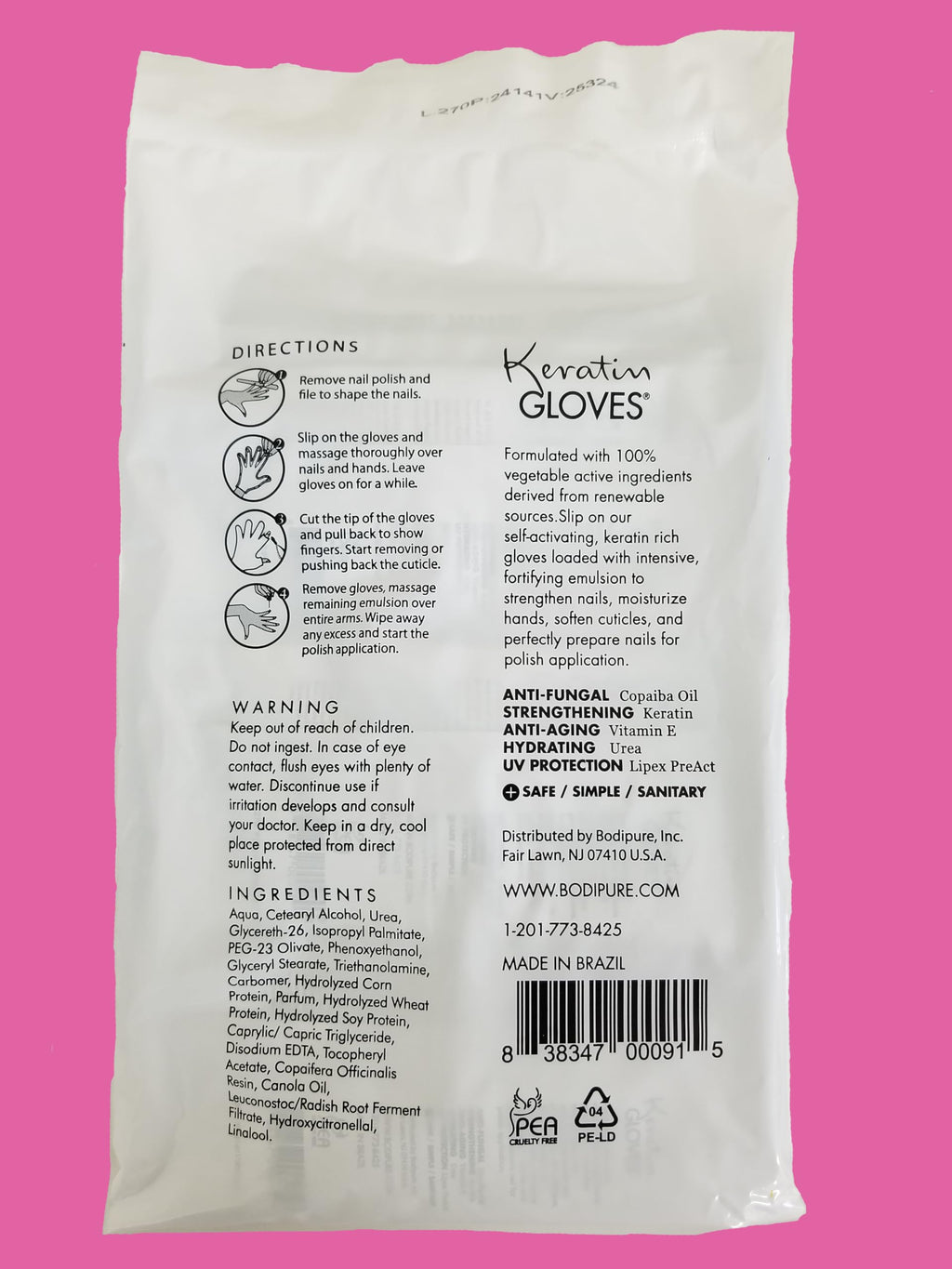 Hands wearing Bodipure moisturizing spa treatment gloves