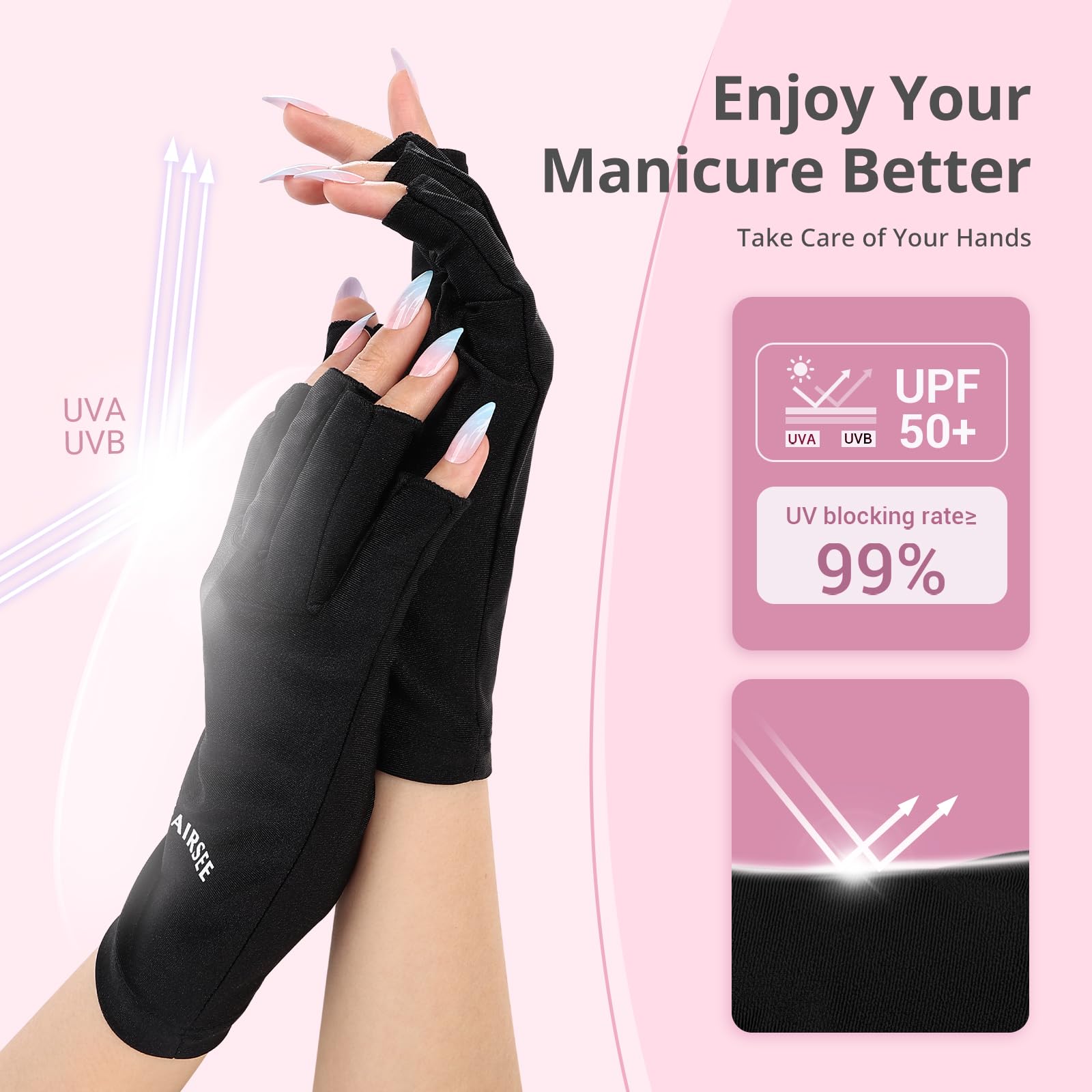 Close up of fingerless design on Airsee UV nail gloves