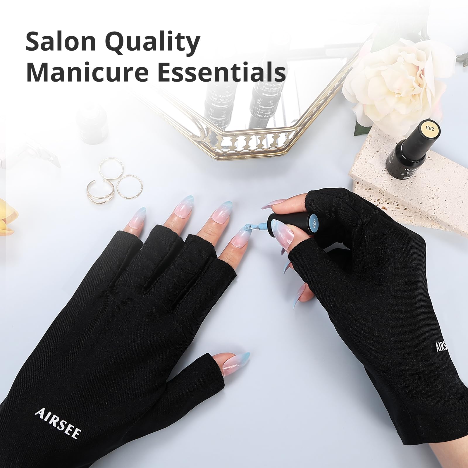 Person wearing Airsee UV gloves under a nail lamp
