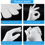 Hmnysol white cotton gloves laid flat displaying the five pairs package.