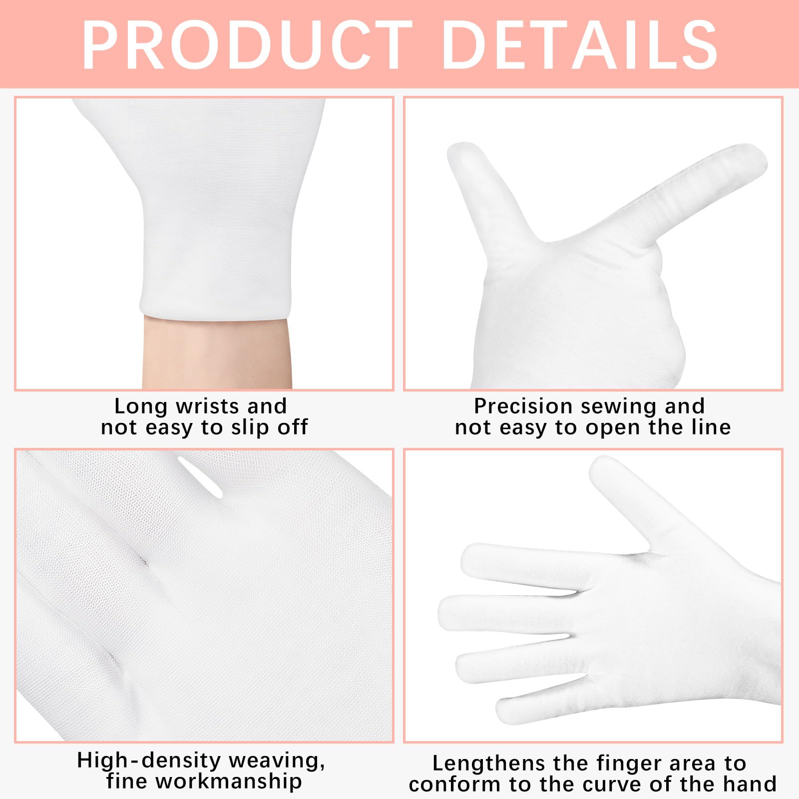Model wearing white cotton gloves for overnight hand care