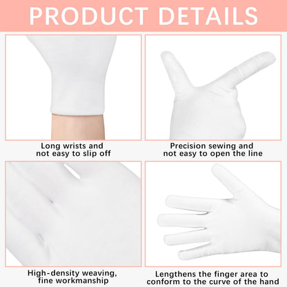 Model wearing white cotton gloves for overnight hand care